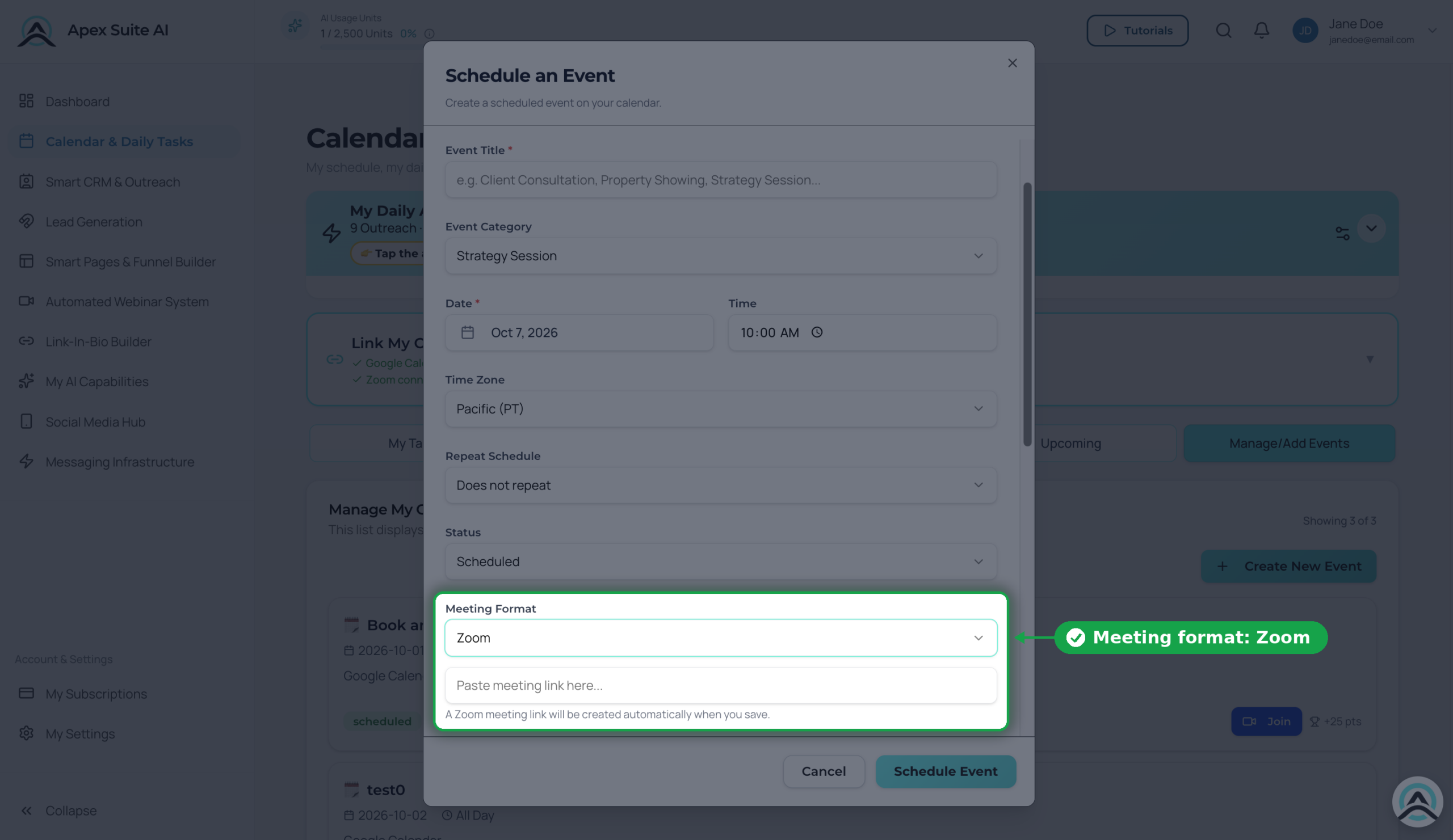 Use the Meeting Format selector to choose Zoom, then leave the meeting-link field empty.
